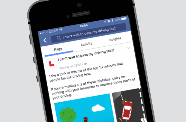 Phone screen showing DVSA's 'I can't wait to pass my driving test' facebook page