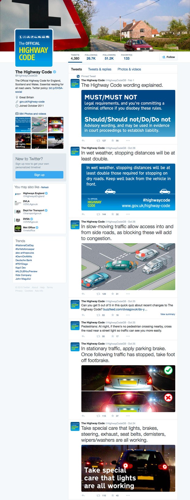 Screenshot of the Highway Code twitter account