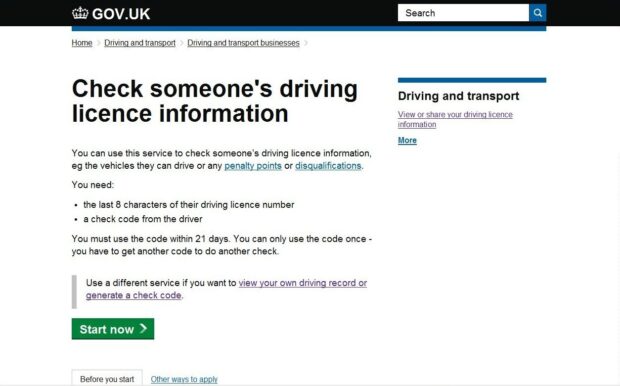 GOV.UK page for 'Check someone's driving licence information'