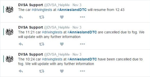 Screenshot of DVSA's customer support twitter account telling customers tests are cancelled at Anniesland driving test centre.