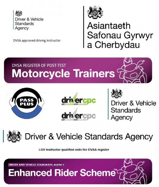 DVSA branding logos for: DVSA approved driving instructors, DVSA register of post-test motorcyle trainers, Pass Plus, Driver CPC, Driver and Vehicle Standards Agency, Asiantaeth Safonau Gyrwyr a Cherbydau, LGV instructor qualified onto the DVSA register and Driver and Vehicle Standards Agency Enhanced Rider Scheme.