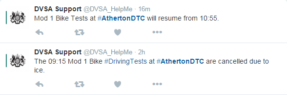Screenshot of DVSA customer support team twitter account updating customers on testing provision in bad weather