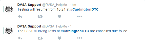 Screenshot of DVSA customer support team twitter account updating customers on testing provision in bad weather