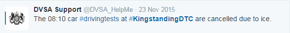 Screenshot of DVSA customer team twitter account updating customers on testing provision in bad weather