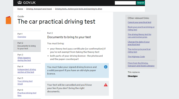 2013: ‘Documents to bring to your test’ at the more meaningful address of www.gov.uk/practical-driving-test-for-cars/documents-to-bring-to-your-test - but it’s still very long