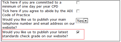 Questions and tick boxes confirming which information ADIs wish to share on gov.uk