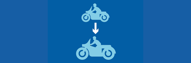 Progressive access training graphic showing a smaller bike with an arrow to a bigger bike