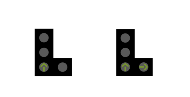 Two sets of traffic lights are shown. The first shows a green arrow ahead, with a blank space next to it for turning right. The second shows a green arrow ahead and a green right arrow next to it.