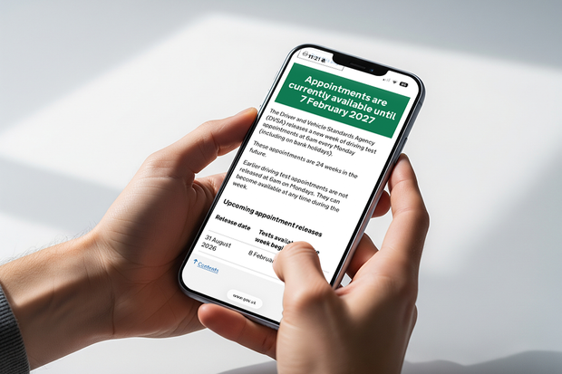 A person using a smartphone to view a GOV.UK page showing when driving test appointments will be available to book.